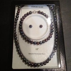 Black Pearl Necklace, Bracelet, & Earrings set